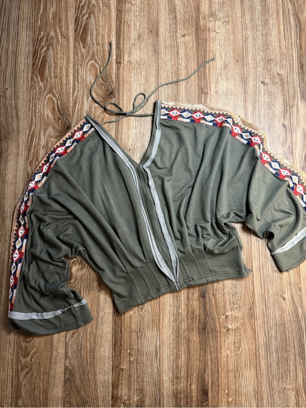 gimmicks by BKE Olive Cropped V-Neck Top with Embroidery and Sequins